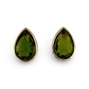 Vintage Monet Gold Tone Teardrop Earrings | Green Faceted Glass | Classic Stud